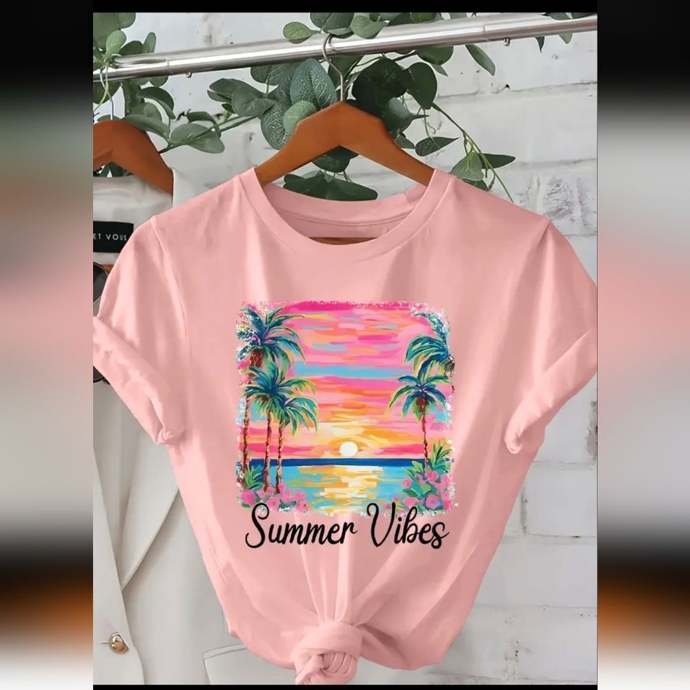 "Summer Vibes" Palm Trees Ocean Sunset Graphics Pink T-Shirt Sz 14 - Picture 6 of 6